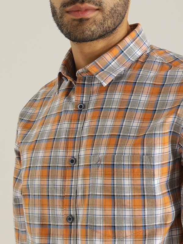 Indian Terrain Men Checkered Orange Shirt